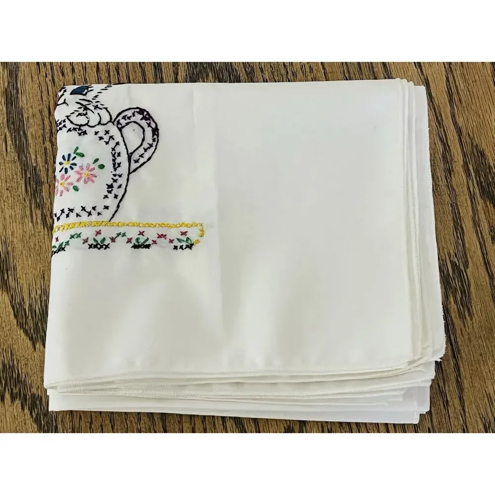 Hand Embroidered Dish Towel Napkins Set 4 Kitten Cats Grandma Chic Cottagecore
